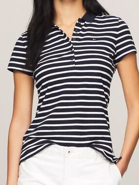 Tommy Hilfiger Navy and White Striped Polo Tee
